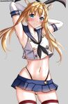  1girl absurdres abukuma_(kancolle) arms_behind_head ass_visible_through_thighs black_hairband black_neckerchief black_panties blonde_hair blue_eyes blue_sailor_collar blue_skirt breasts contrapposto cosplay crop_top double_bun elbow_gloves gloves grey_background hair_bun hair_rings hairband highleg highleg_panties highres kantai_collection long_hair looking_at_viewer microskirt miniskirt mizuki_(uzuki_no_sato) neckerchief panties pleated_skirt sailor_collar shimakaze_(kancolle) shimakaze_(kancolle)_(cosplay) shirt simple_background skirt sleeveless sleeveless_shirt small_breasts solo standing striped_clothes striped_thighhighs thighhighs twitter_username underwear white_gloves 