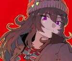  1girl beanie brown_hair brown_jacket chain_necklace closed_mouth grey_headwear hat jacket jewelry long_hair looking_at_viewer metsugi_(mekki5160) nakayama_festa_(umamusume) necklace open_clothes open_jacket outline purple_eyes red_shirt shirt smile solo umamusume yellow_outline 