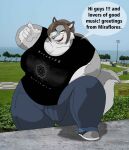 2014 anthro big_breasts bottomwear breaking_benjamin breaking_benjamin_logo breasts brown_hair canid canine canis clothing denim denim_bottomwear denim_clothing digital_media_(artwork) english_text female footwear fur grey_body grey_fur hair hi_res huge_breasts jeans mammal multicolored_body multicolored_fur obese obese_anthro obese_female open_mouth overweight overweight_anthro overweight_female pants shirt shoes solo sophia_(xxsparcoxx) speech_bubble text text_on_clothing text_on_shirt text_on_topwear topwear two_tone_body two_tone_fur white_body white_fur wolf xxsparcoxx