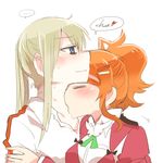  2girls aquila_(kantai_collection) black_bow blonde_hair blue_eyes blush bow closed_eyes from_side graf_zeppelin_(kantai_collection) green_ribbon hair_ornament hairclip hickey kantai_collection kiss lowres multiple_girls no_hat no_headwear orange_hair ponytail rebecca_(keinelove) ribbon sidelocks spoken_ellipsis twintails yuri 