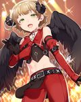  absurdres androgynous black_gloves black_wings chain cowboy_shot crop_top eyebrows_visible_through_hair feathered_wings gloves green_eyes highres himeno_kanon horns idolmaster idolmaster_side-m light_brown_hair looking_at_viewer male_focus midriff mihatarou navel open_mouth pants red_pants solo standing stomach wings 