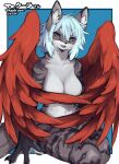 abstract_background anthro arm_support artist_name blue_eyes blue_hair breasts claws collarbone covering covering_breasts covering_crotch eyelashes feathered_wings feathers female fur hair hi_res hybrid inner_ear_fluff kemono leg_markings looking_at_viewer markings navel neck_tuft open_mouth pawpads red_body red_feathers red_wings short_hair sitting socks_(marking) solo sue36v tabby_fur teeth thick_thighs tuft white_body white_fur wide_hips wings