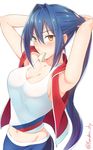  armpits arms_up bangs blue_hair blush breasts cleavage closed_mouth commentary_request eyebrows_visible_through_hair hair_between_eyes kanden_suki large_breasts long_hair looking_at_viewer mikanagi_setsuna mouth_hold navel ponytail sidelocks simple_background sleeveless solo sougan_no_warlock sweater tank_top twitter_username tying_hair white_background yellow_eyes 
