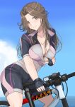  1girl absurdres bicycle bike_shorts black_gloves black_jacket black_shorts blue_sky breasts brown_eyes brown_hair cleavage closed_mouth cloud collarbone day fingerless_gloves gloves highres jacket jintsuu_(kancolle) kantai_collection ken_(shutenndouji1) large_breasts long_hair looking_at_viewer multicolored_clothes multicolored_shorts outdoors parted_bangs riding riding_bicycle short_sleeves shorts sky smile solo unzipping zipper 