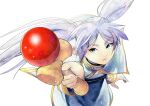  0827jona 1girl absurdres capelet commentary_request frieren from_above green_eyes highres holding holding_toy kendama long_hair lower_teeth_only open_mouth parted_bangs pointy_ears simple_background solo sousou_no_frieren teeth toy twintails white_background white_capelet white_hair 
