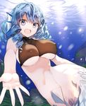  :d alternate_costume beckoning blue_eyes blue_hair bottomless breasts covered_nipples drill_hair fins head_fins kasuka_(kusuki) large_breasts looking_at_viewer medium_hair mermaid monster_girl open_mouth outstretched_hand scales skindentation smile solo submerged touhou underboob underwater unmoving_pattern wakasagihime 