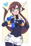  1girl absurdres aile_(mega_man_zx) black_bodysuit blue_jacket blush bodysuit breasts brown_hair buzzlyears cropped_jacket green_eyes heart heart_hands highres jacket long_hair medium_breasts mega_man_(series) mega_man_zx mega_man_zx_advent open_clothes open_jacket ponytail robot_ears shorts simple_background solo white_shorts 