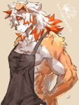  1boy 1other apron arknights bara biceps black_apron blush colored_tips commentary_request doctor_(arknights) furry furry_male hand_on_own_hip highres horns hung_(arknights) komainu_boy komainu_ears looking_at_viewer male_focus multicolored_hair muscular muscular_male mutomorokoshi orange_eyes profile single_horn sweatdrop topless_male translation_request 
