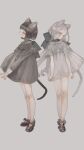  2girls animal_ears bare_legs black_dress black_hair blush bob_cut bow bow_choker cat_ears cat_girl cat_tail dress footwear_bow full_body grey_background grey_dress grey_eyes grey_hair highres long_hair looking_at_viewer looking_to_the_side multiple_girls nekosuke_(oxo) original short_hair sideways_glance simple_background tail yellow_eyes 