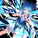  1girl :d absurdres black_background bloomers blue_bow blue_dress blue_eyes blue_hair blush bow bright_pupils cirno collared_shirt commentary_request dress dutch_angle feet_out_of_frame fighting_stance hair_between_eyes hair_bow hands_up highres ice ice_wings looking_at_viewer open_mouth puffy_short_sleeves puffy_sleeves red_bow shirt short_dress short_hair short_sleeves simple_background sleeveless sleeveless_dress smile smug solo teeth touhou tsurime ugume upper_teeth_only v-shaped_eyebrows white_shirt wings 