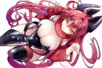  1girl alternate_costume black_leotard black_thighhighs breasts cleavage commentary english_commentary from_above goddess_of_victory:_nikke hair_between_eyes hot_vr large_breasts leotard long_hair looking_at_viewer patreon_username red_hair red_hood_(nikke) simple_background smile solo thighhighs white_background yellow_eyes 