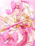  1girl absurdres blonde_hair bloomers chaos_marie_(grimms_notes) dress grimms_notes hair_ribbon heart heart-shaped_pupils highres long_hair looking_to_the_side open_mouth pink_background pink_eyes ribbon si_toyaka sketch smile solo symbol-shaped_pupils wand weapon 