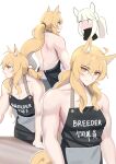  2girls absurdres animal_ear_fluff animal_ears apron arknights bare_arms bare_back bare_shoulders bilingual black_apron blonde_hair blush breasts cleavage closed_mouth clothes_writing full-face_blush highres long_hair looking_at_viewer medium_breasts mixed-language_text multiple_girls multiple_views nearl_(arknights) nose_blush platinum_(arknights) ponytail profile smile supershrimpcakes upper_body white_hair yellow_eyes 