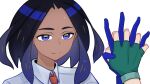  2girls aged_down black_hair blue_eyes closed_mouth collared_shirt commentary_request dark-skinned_female dark_skin eyelashes fingerless_gloves geeta_(pokemon) gloves green_gloves hand_up highres holding_hands interlocked_fingers molingxiang_chimangguo multiple_girls necktie orange_necktie pokemon pokemon_sv rika_(pokemon) school_uniform shirt simple_background split_mouth upper_body white_background 