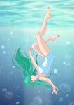  1girl absurdres air_bubble aqua_hair blue_eyes bubble collarbone feet floating_hair full_body highres long_hair one-piece_swimsuit open_mouth original outstretched_arms reaching reaching_towards_viewer solo spread_arms swimsuit toes underwater upside-down white_one-piece_swimsuit yukikaze_(isamiashi) 