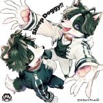  2boys ahoge animal_collar animal_ears animal_hands arms_up artist_logo artist_name bishounen black_footwear black_fur black_hair black_jacket black_pants black_shirt body_fur claws closed_mouth collar cropped_jacket dog_boy dog_ears dog_tail english_text full_body furry furry_male green_eyes high_collar highres jacket light_blush long_sleeves looking_at_viewer mokotalow11 multiple_boys open_clothes open_jacket open_mouth original pants perspective purple_eyes reaching reaching_towards_viewer red_collar shirt short_hair siblings simple_background standing tail tongue tongue_out twins white_background white_fur white_jacket white_pants white_shirt 