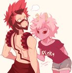  1girl absurdres ashido_mina bare_arms bare_back black_sclera blush boku_no_hero_academia breasts casual closed_mouth clothes_writing denim denim_shorts english hand_on_another's_stomach hetero highres horns kirishima_eijirou looking_away mask medium_breasts muscle nervous_smile pink_hair pink_skin red_eyes red_hair sally_(luna-arts) sharp_teeth shirt short_hair shorts simple_background spiked_hair sweat teeth text_focus wavy_mouth white_background yellow_eyes 