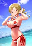  arms_up bikini blonde_hair blue_sky breasts brown_eyes cleavage closed_mouth cloud contrapposto cosplay cowboy_shot criss-cross_halter day drill_hair dutch_angle fate/grand_order fate_(series) halterneck highres horizon large_breasts looking_at_viewer mahou_shoujo_madoka_magica navel nero_claudius_(fate)_(all) nero_claudius_(swimsuit_caster)_(fate) nero_claudius_(swimsuit_caster)_(fate)_(cosplay) ocean outdoors side-tie_bikini sky smile solo standing strap_lift striped striped_bikini swimsuit tomoe_mami twin_drills twintails wa_(genryusui) 