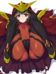  ass bodysuit cameltoe cloak closed_mouth commentary_request covered_navel debutya_aki eyebrows_visible_through_hair flat_chest from_above frown full_body green_hair hat hood hood_up hooded_cloak knees_on_chest leg_hug looking_at_viewer lying on_back prelati_(symphogear) purple_eyes red_bodysuit senki_zesshou_symphogear shiny shiny_clothes shiny_hair shiny_skin short_hair skin_tight solo sweatdrop 
