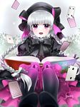  :d alice_in_wonderland artist_name black_dress blush book bow braid card dress fate/extra fate/grand_order fate_(series) hair_bow long_hair looking_at_viewer mo253 nursery_rhyme_(fate/extra) open_mouth playing_card purple_eyes silver_hair smile star twin_braids 