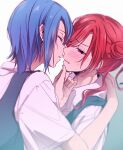  2girls blue_eyes blue_hair blush closed_eyes collared_shirt color_dolce commentary dress earrings facing_another furrowed_brow grey_dress hand_on_another&#039;s_back hand_on_another&#039;s_chin hashtag_only_commentary highres imminent_kiss jewelry looking_at_another love_live! love_live!_superstar!! medium_hair multiple_girls noses_touching parted_lips red_hair school_uniform shirt short_hair short_sleeves sidelocks summer_uniform sweat upper_body wakana_shiki white_shirt yoneme_mei yuigaoka_school_uniform yuri 