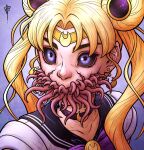  1girl bishoujo_senshi_sailor_moon black_sclera blonde_hair blue_eyes choker circlet colored_sclera commentary cracked_skin crescent crescent_earrings double_bun earrings english_commentary hair_bun highres jewelry meme monster_girl portrait purple_choker renedraws sailor_moon sailor_moon_redraw_challenge_(meme) signature solo tentacles tsukino_usagi twintails 