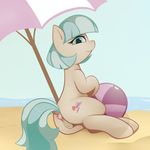  2017 anus beach blue_eyes butt buttplug coco_pommel_(mlp) cutie_mark earth_pony equine female feral friendship_is_magic hair horse looking_at_viewer looking_back mammal multicolored_hair my_little_pony neighday pony pussy seaside sex_toy solo two_tone_hair 
