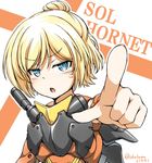  :o armor artist_name blonde_hair blue_eyes character_name doll_joints eyebrows_visible_through_hair mecha_musume megami_device okutama_tarou pointing pointing_at_viewer short_hair simple_background sol_hornet v-shaped_eyebrows 
