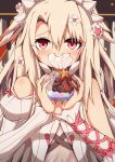  1girl bag bare_shoulders blush breasts chocolate detached_sleeves dress fate/grand_order fate_(series) food gift_bag hair_ornament highres illyasviel_von_einzbern illyasviel_von_einzbern_(choco_angel) long_hair looking_at_viewer maid_headdress peisuto red_eyes see-through see-through_dress sidelocks small_breasts solo white_dress white_hair 