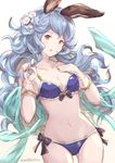  :o animal_ears bikini black_bow blue_bikini blue_hair blush bow breasts cleavage erune ferry_(granblue_fantasy) flower gloves gradient gradient_background granblue_fantasy hair_flower hair_ornament hand_on_own_chest highres long_hair looking_at_viewer medium_breasts milli_little navel sketch solo standing swimsuit twitter_username white_gloves yellow_eyes 