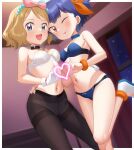  2girls :d anklet black_choker blonde_hair blue_bra blue_choker blue_eyes blue_hair blue_panties blurry blurry_background blush border bow_hairband bra bracelet choker closed_mouth commentary_request eyelashes gazing_eye hairband heart heart_hands heart_hands_duo highres indoors jewelry knees leg_up looking_at_viewer looking_down miette_(pokemon) multiple_girls navel one_eye_closed open_mouth orange_eyes orange_hairband panties pantyhose pokemon pokemon_(anime) pokemon_xy_(anime) serena_(pokemon) shoes short_hair smile tongue tongue_out underwear white_border white_bra 