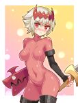  1girl blush bodysuit breasts cougar_(cougar1404) covered_navel dragon:_marked_for_death empress_(dmfd) extra_eyes hat holding holding_sword holding_weapon medium_breasts red_bodysuit red_eyes short_hair skin_tight sword tiara weapon white_hair 