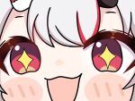  1girl :d azugi close-up commentary_request highres hololive horns multicolored_hair nakiri_ayame open_mouth red_eyes smile sparkling_eyes streaked_hair virtual_youtuber white_hair 
