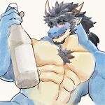 1:1 abs another_eidos_of_dragon_vein_r anthro black_hair blue_body blue_scales blush body_hair bottle chest_hair container dragon drunk ear_piercing ear_ring facial_hair folker_(anothereidos_r) goatee hair hi_res horn male muscular muscular_male mythological_creature mythological_scalie mythology nude pecs piercing ponytail red_eyes ring_piercing riotaro376333 scales scalie sideburns solo substance_intoxication yellow_body yellow_scales