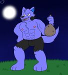 2023 anthro blue_body blue_fur brown_eyes candy_bag canid canine canis detailed_background digital_drawing_(artwork) digital_media_(artwork) electronics flat_colors full_moon fur grass halloween headphones hi_res holidays male male_anthro mammal moon muscular muscular_anthro muscular_male mythological_canine mythological_creature mythology night oth305 outside ozzythewolf plant sky solo supermariofanboy supermariofann1 thief were werecanid werecanine werewolf wolf