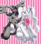  ambiguous_gender blue_eyes blue_sclera blush brush digital_media_(artwork) dragon duo fur hair_ribbon legendary_pok&eacute;mon mirror musical_note nintendo on_ice_(artist) open_mouth pattern_background pok&eacute;mon red_sclera reshiram ribbons simple_background sitting striped_background video_games white_fur wings zekrom 