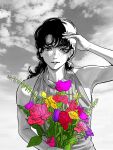  1girl blush chainsaw_man dress flower formal highres low_twintails mitaka_asa monochrome raggumba sky sleeveless sleeveless_dress smile solo twintails 