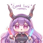  1girl :o arknights black_hairband black_shirt blush breasts fake_horns haaiiro hairband highres holding_glowstick horns jacket large_breasts long_hair looking_at_bulge notice_lines off_shoulder open_clothes open_jacket pink_eyes purple_hair shirt sidelocks simple_background sleeveless sleeveless_shirt solo straight-on typhon_(arknights) upper_body white_background white_jacket 