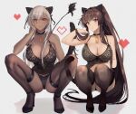  2girls alternate_costume animal_ears ass bare_shoulders black_choker black_footwear black_panties black_thighhighs blunt_sidelocks breasts brown_eyes brown_hair cat_ears cat_tail choker cleavage dark-skinned_female dark_skin fake_animal_ears fake_tail full_body grey_hair hair_intakes high_heels high_ponytail highres kantai_collection kasumi_(skchkko) large_breasts lingerie long_hair looking_at_viewer multiple_girls musashi_(kancolle) open_mouth panties red_eyes shadow simple_background spaghetti_strap spread_legs squatting tail thighhighs tongue tongue_out underwear very_long_hair white_background yamato_(kancolle) 