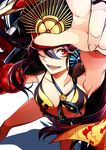  :d between_breasts bikini black_hair breasts collarbone fate/grand_order fate_(series) foreshortening from_above hat long_hair looking_at_viewer looking_up oda_nobunaga_(fate) oda_nobunaga_(swimsuit_berserker)_(fate) open_mouth outstretched_arm red_eyes sayvi shadow smile solo swimsuit white_background 