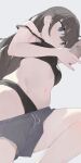  1girl bare_shoulders black_bra black_hair black_panties blue_eyes bra breasts cellphone clothes_pull commentary copyright_request english_commentary grey_background grey_shorts highres hiroki_(yyqw7151) holding holding_phone long_hair looking_at_phone medium_breasts navel off_shoulder panties phone shorts shorts_pull simple_background solo thighs underwear 