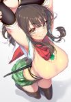  1girl absurdres arm_guards armor armpits arms_up asuka_(senran_kagura) bandaged_arm bandages black_hair black_thighhighs blush breasts brown_eyes brown_hair checkered_clothes checkered_skirt gradient_background green_skirt grey_background hair_between_eyes hair_ribbon highres hong_(white_spider) japanese_armor kote kurokote large_breasts loafers looking_at_viewer making-of_available miniskirt plaid plaid_skirt pleated_skirt ponytail red_scarf ribbon scarf school_uniform senran_kagura senran_kagura_shoujo-tachi_no_shin&#039;ei sheath sheathed shoes short_hair short_ponytail short_sleeves sidelocks skirt smile solo stretching sweater sweater_vest sword thighhighs thighs vest wakizashi weapon white_background white_ribbon yellow_vest 