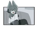  1girl animal_ears bat_ears bat_girl bat_girl_(gomulgong) closed_eyes colored_eyelashes colored_skin couch furry furry_female gomulgong grey_hair grey_skin open_mouth original shirt short_sleeves solo thick_eyelashes white_shirt 