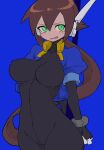  1girl absurdres aile_(mega_man_zx) black_bodysuit blue_background blue_jacket blush bodysuit bodysuit_under_clothes breasts brown_hair buzzlyears covered_navel covered_nipples cropped_jacket cuffs glowing green_eyes highres jacket long_hair looking_at_viewer medium_breasts mega_man_(series) mega_man_zx mega_man_zx_advent no_pants open_clothes open_jacket ponytail restrained robot_ears simple_background solo tearing_up 