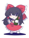  1girl ;) alcohol ascot bare_shoulders black_eyes black_hair blush bottle bow chahan_(fried_rice0614) chibi closed_mouth commentary_request cup detached_sleeves frilled_bow frilled_hair_tubes frills full_body hair_bow hair_tubes hakurei_reimu highres holding holding_bottle holding_cup long_hair one_eye_closed red_bow red_skirt red_vest shadow simple_background skirt skirt_set slit_pupils smile solo standing touhou very_long_hair vest white_background yellow_ascot 