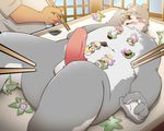  anthro balls bear blush food food_play fur grey_fur looking_at_viewer lying male mammal nantaimori nude nyotaimori on_back on_table one_eye_closed pang4746_(artist) penis sushi table 