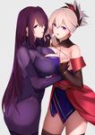  :d ass bare_shoulders blonde_hair bodysuit breast_press contrapposto detached_sleeves earrings fate/grand_order fate_(series) jewelry long_hair looking_at_viewer miyamoto_musashi_(fate/grand_order) multiple_girls open_mouth ponytail purple_eyes purple_hair saisarisu scathach_(fate)_(all) scathach_(fate/grand_order) simple_background skin_tight smile standing symmetrical_docking 