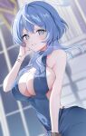  1girl absurdres ako_(blue_archive) ako_(dress)_(blue_archive) blue_archive blue_eyes blue_hair blush breasts halo highres looking_at_viewer mizupuruta official_alternate_costume sideboob sideless_dress sideless_outfit sideless_shirt solo 