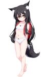  1girl animal_ear_fluff animal_ears backpack bag bare_legs barefoot black_hair bra breasts chrisandita fox_ears fox_girl fox_hair_ornament fox_tail full_body highres long_hair looking_at_viewer navel original panties randoseru simple_background small_breasts stomach tail underwear underwear_only very_long_hair white_background white_bra white_panties yellow_eyes 