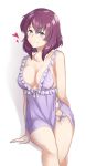  arm_support blue_eyes blush breasts cleavage collarbone eyebrows_visible_through_hair frills hair_between_eyes heart henrietta_de_tristain large_breasts lingerie looking_at_viewer multiple_girls negligee purple_hair ribbon saruno_(eyesonly712) shiny shiny_hair short_hair simple_background sitting smile solo underwear white_background white_ribbon zero_no_tsukaima 